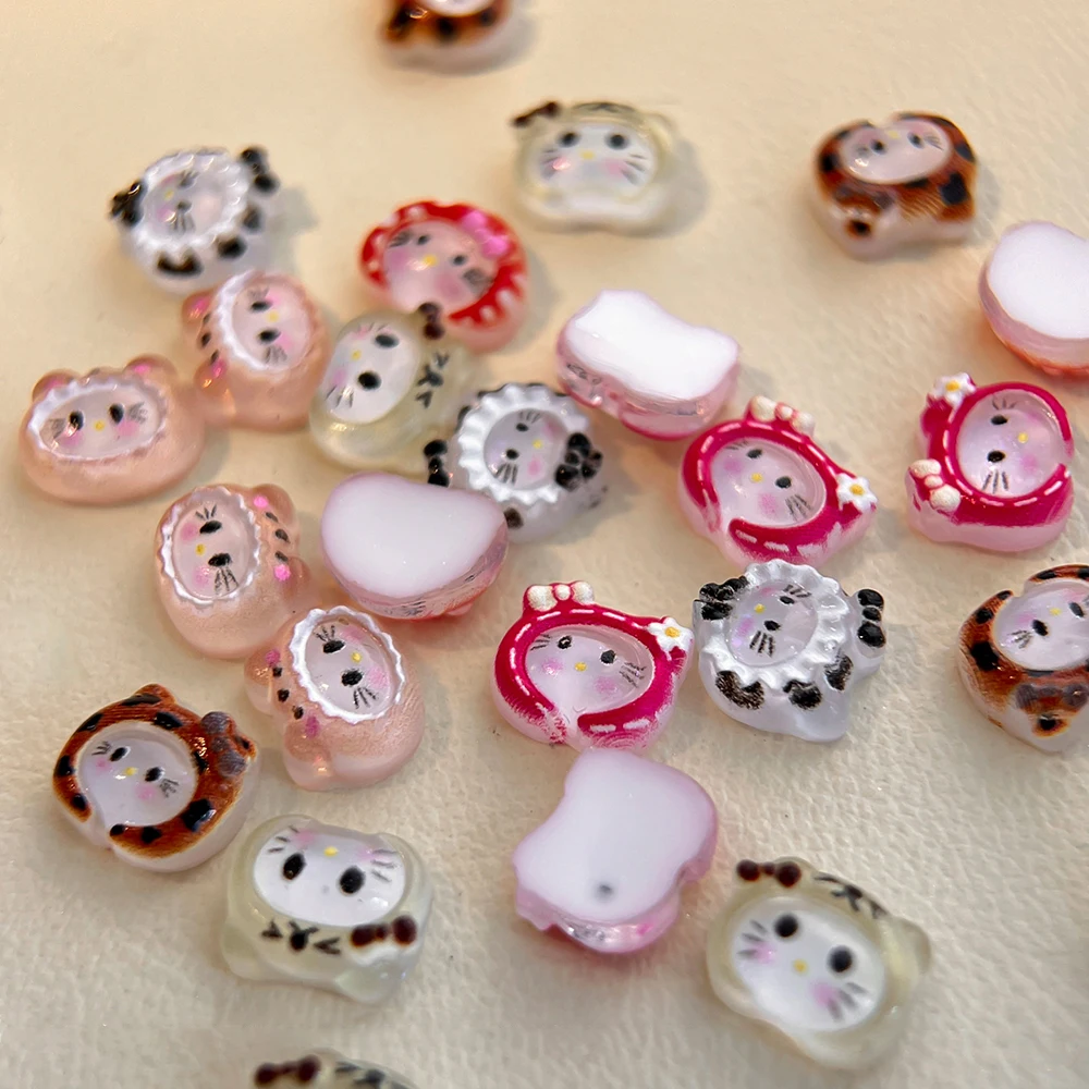 10Pcs 3D Leopard Print Hello Kitty Nail Charm DIY Resin KT Cat Head Hat Rhinestone DIY Nail Art Decoration Manicure Crafts