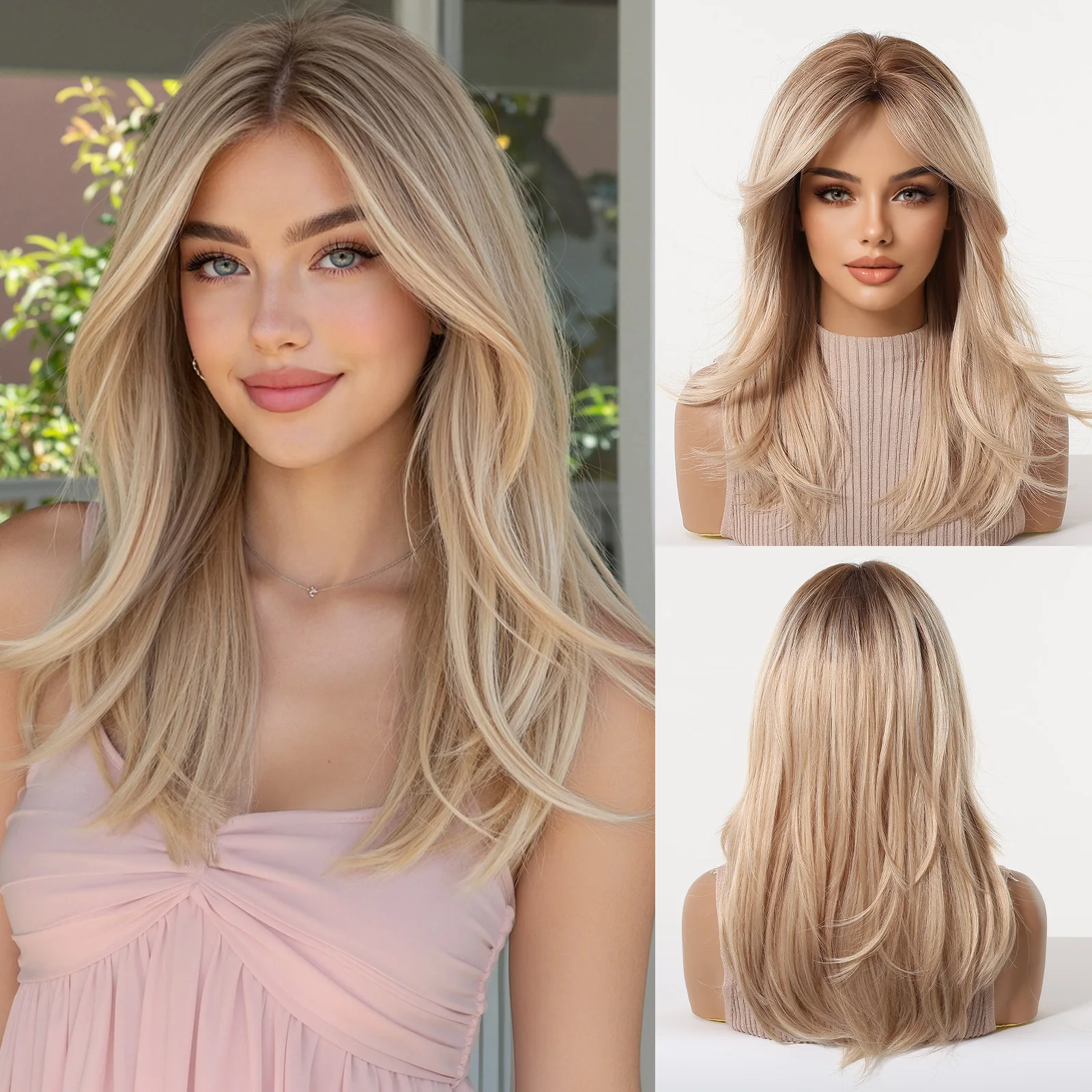 LOUIS FERRE Medium Layered Ombre Blonde Wig Dark Roots Synthetic Hair Wig Middle Part Heat Resistant Daily Wear Party Cosplay