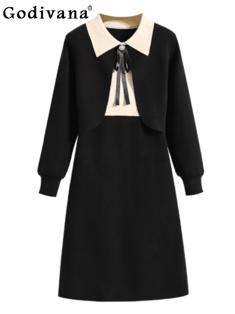 Abiti versatili alla moda lavorati a maglia autunnali da donna di grandi dimensioni Temperamento Fiocco Dolce manica lunga Abito giapponese in due pezzi finto nero