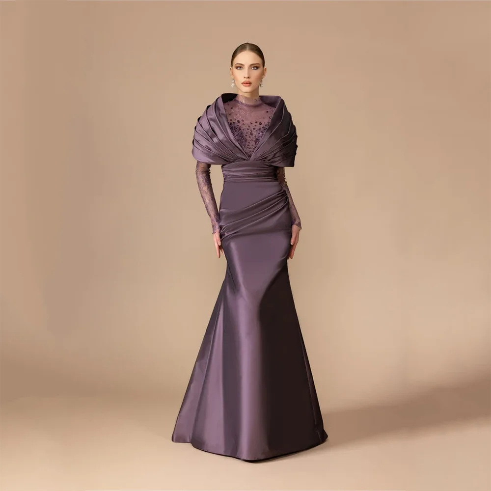 

Luxury Evening Dresses High Collar Long Sleeves Bead Crystal Mermaid Evening Gowns Floor Length Prom Dresses Customized