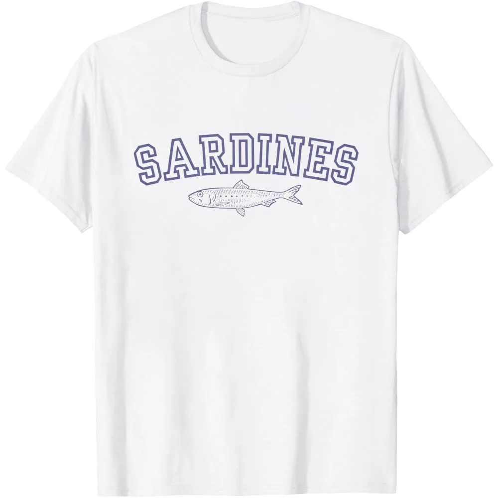 Varsity Sardines Graphic T Shirt Men College Font Sardine Fish Print Cotton Short Sleeve Minimalist Coastal Nautical Clothes