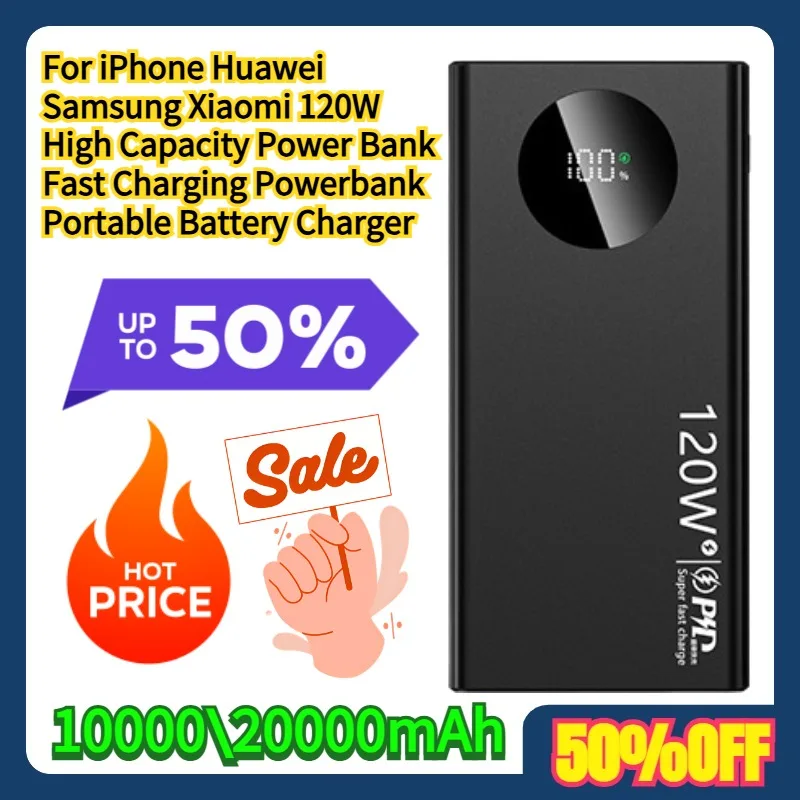 

For iPhone Huawei Samsung Xiaomi 120W 10000\20000mAh High Capacity Power Bank Fast Charging Powerbank Portable Battery Charger