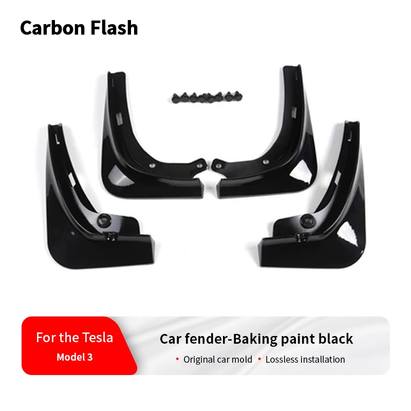 For Tesla 2021-2023 Model 3 – Black Carbon Flash Mudflaps, OEM-Style Splash Protectors