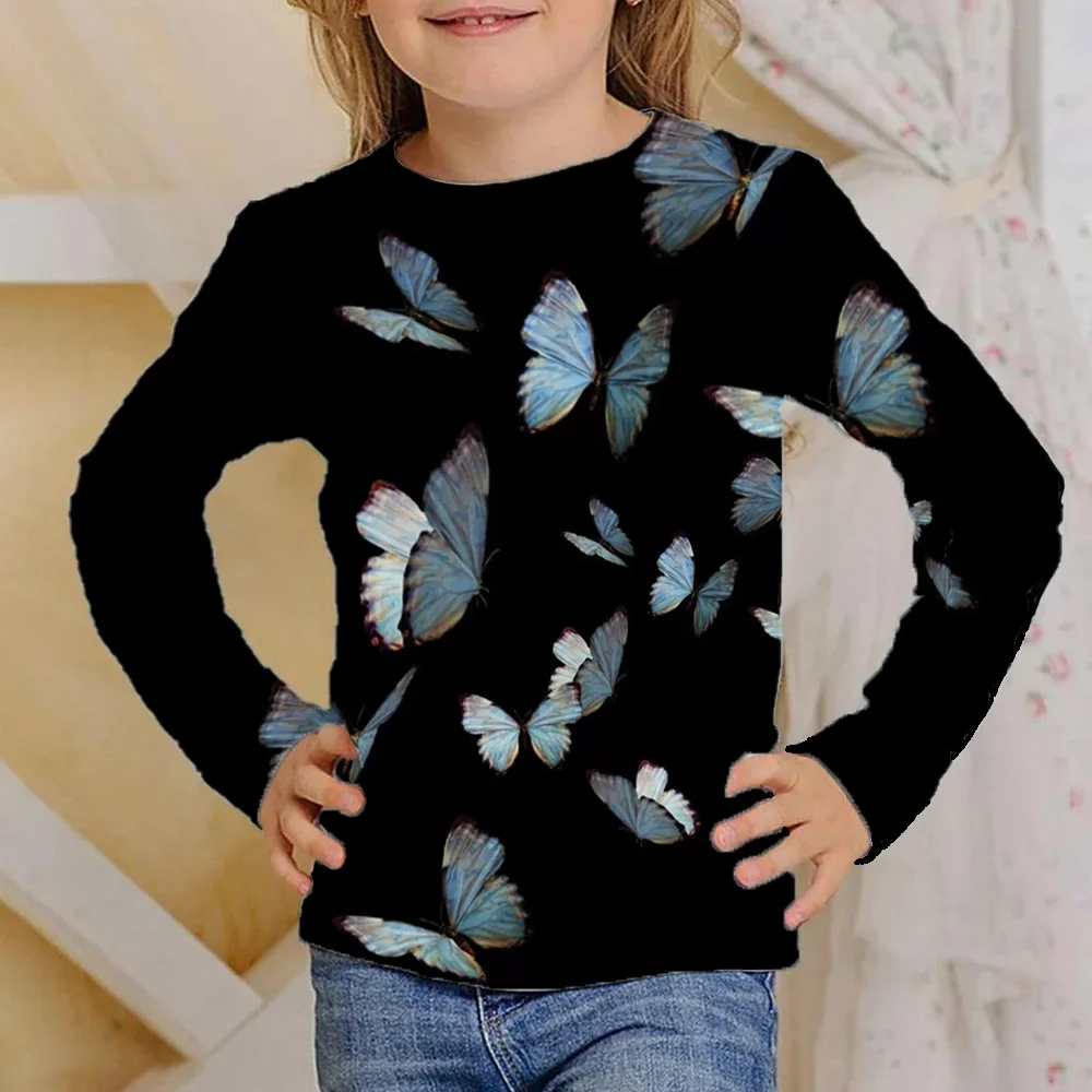 Kleidung Mädchen von 4 bis 12 Jahren Schmetterling leuchtet schwarz Langarm T-Shirts Kinder Mode Herbst Tops für Kinder T-Shirts