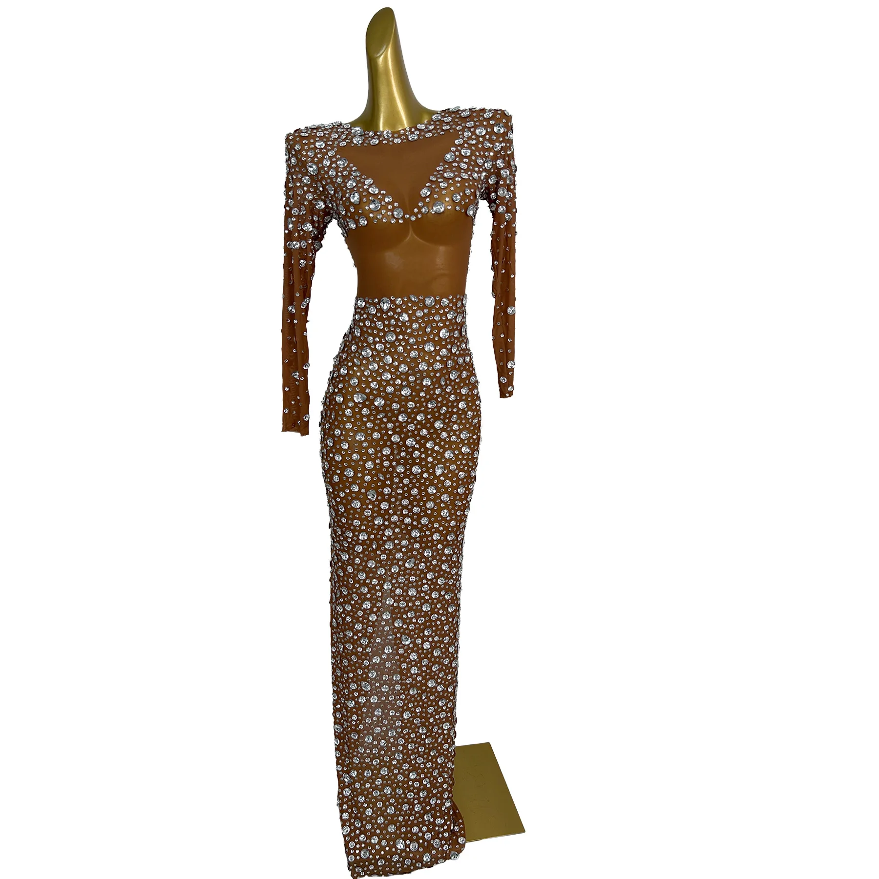Jiaozi Nude Brown Mesh Base Maxi Dress with All Over Clear Rhinestones and Long Sleeves for Gala and Red Carpet Events