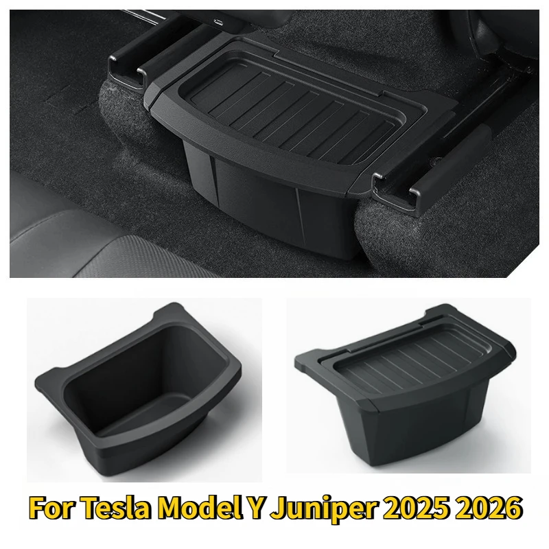 Para Tesla Model Y Juniper 2026: Caixa Organizadora de Armazenamento TPE para Console Central Traseiro com Tampa, Lixeira e Acessórios para Carro (Sob o Assento)