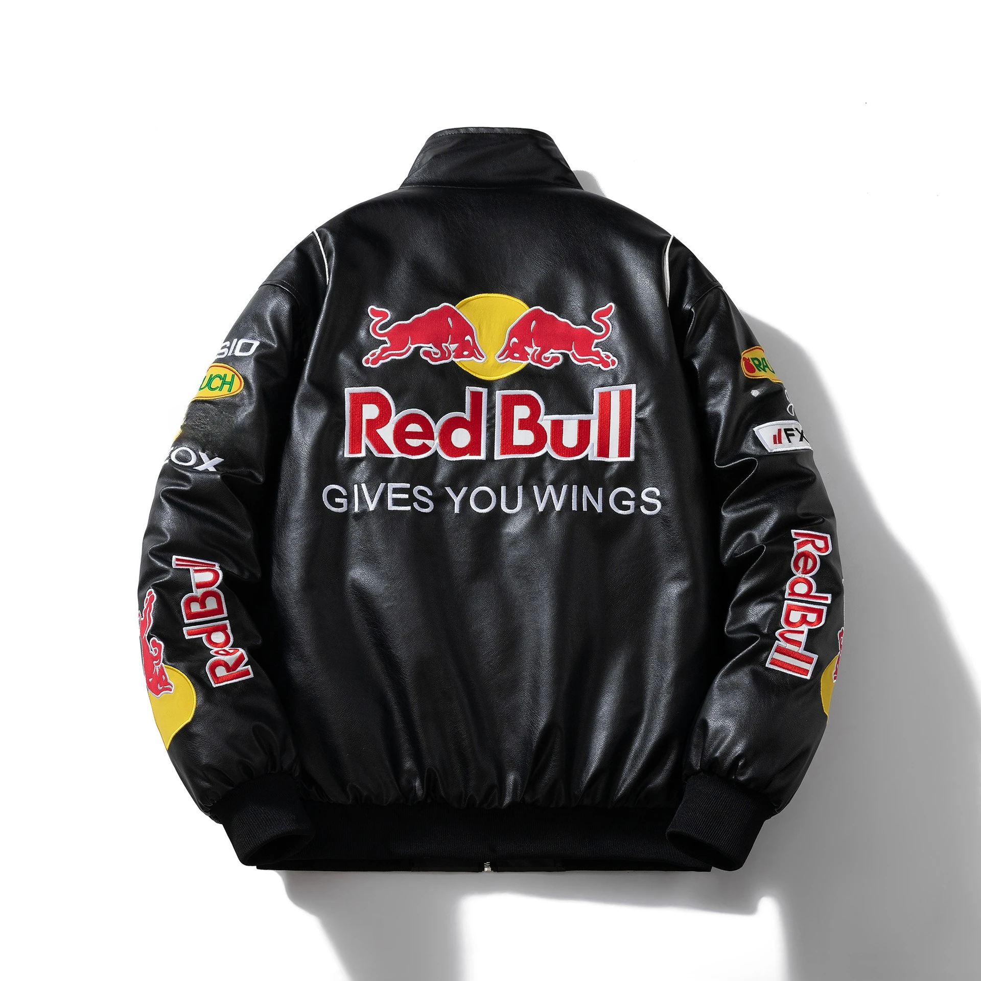 New Red Bull Embroidered Leather JacketMotorcycletand-upCollar RidingJacket,Fall/Winter Leather Garment, Motorcycle Trendy Style