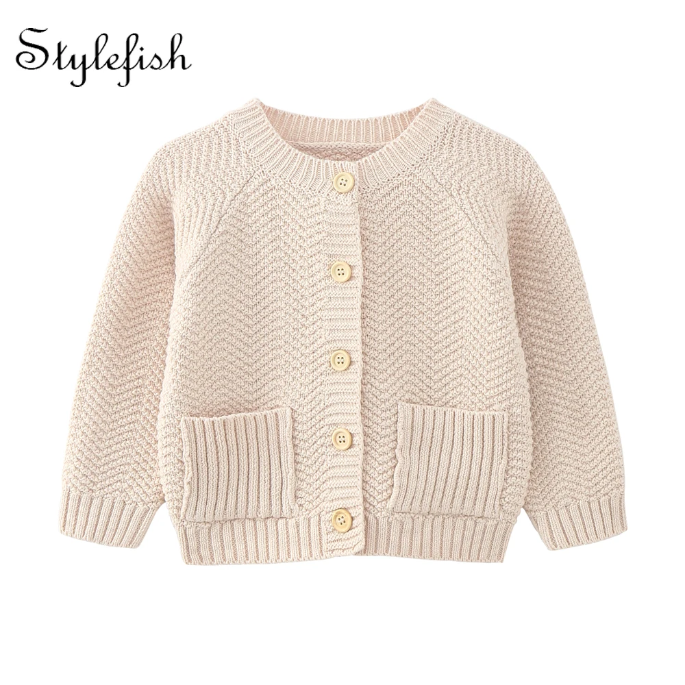 Spring and autumn newborn sweater baby round neck pure color knitting cotton long sleeve cardigan coat