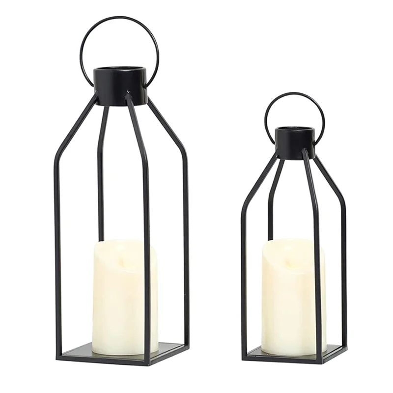 

A06T-Candle Lantern 2 Set Black Decorative Lanterns Indoor Outdoor Home Decor with Flickering LED Christmas