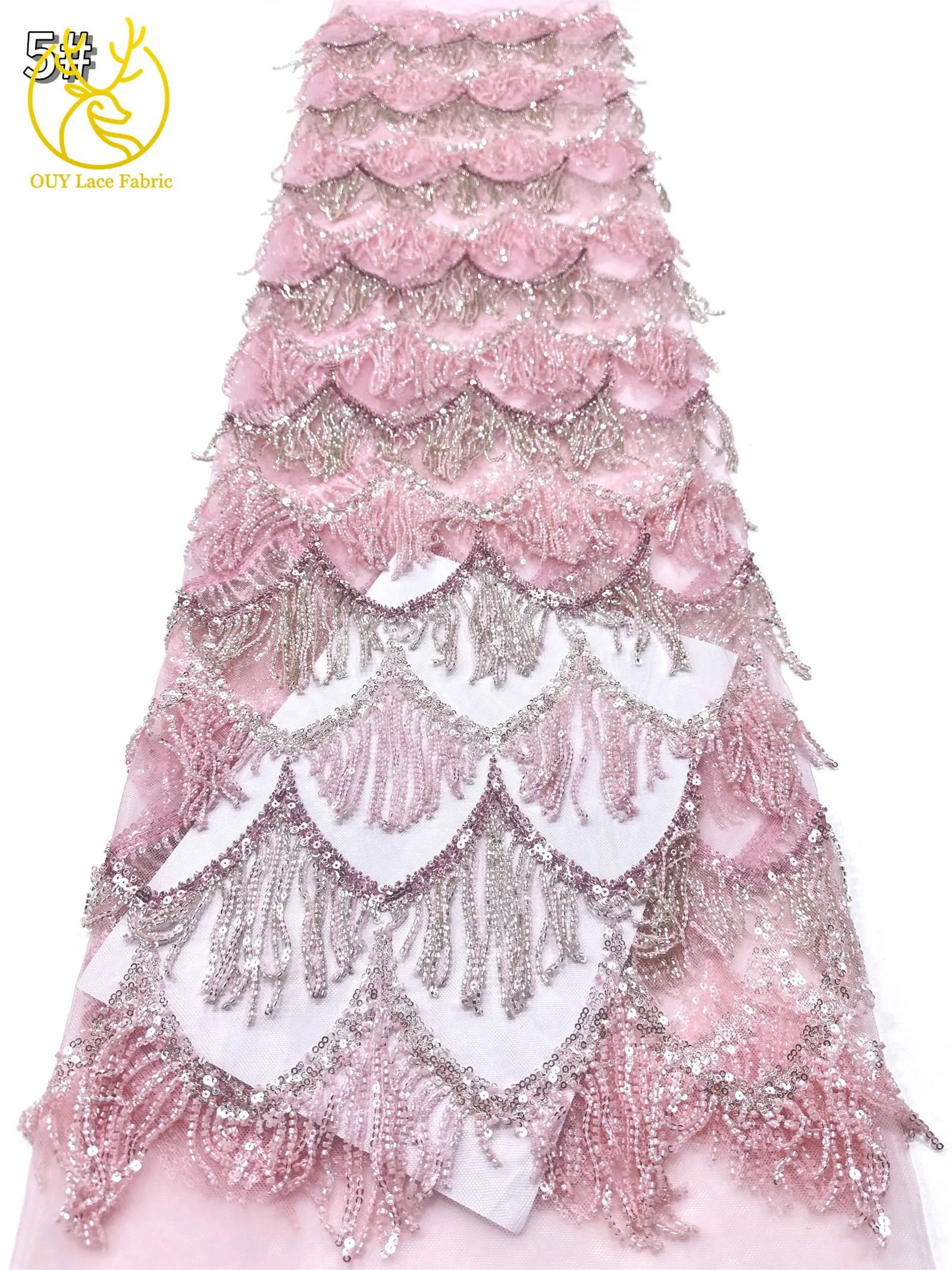 Hochwertiger nigerianischer 3D-Hängeperlen-Spitzenstoff, 5 Yards, hochwertiger französischer afrikanischer Pailletten-Spitzenstoff für Mädchen-Abendpartys – Detail 33