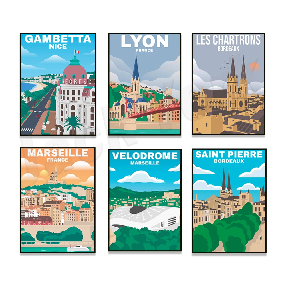 Marseille Old Port, Notre Dame Cathedral, Nice Gambetta, Bordeaux Saint Michel, Pierre Bridge, Marseille Circuit Travel Poster