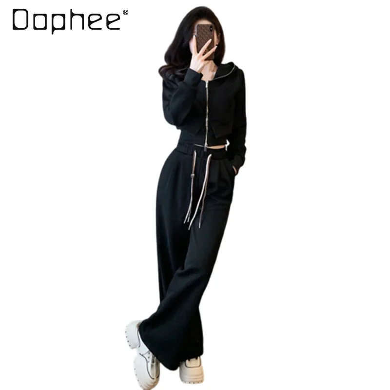 

Fashion Casual Sports Suit 2024 Spring Autumn Slim White Zipper Cardigan High Waisted Wide Leg Pants 2 Piece Sets Women Outfits