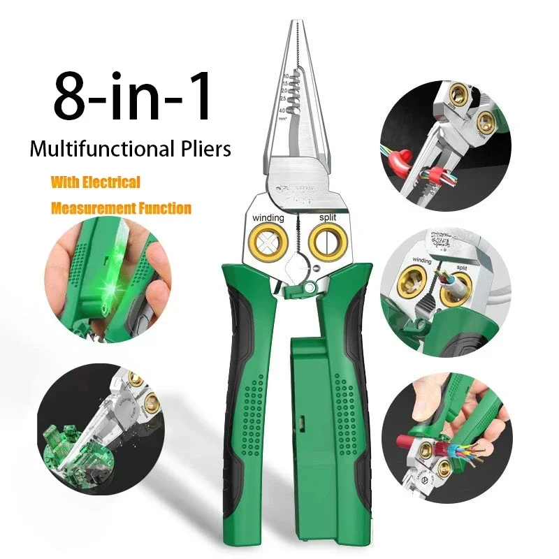 BIESUO Multifunctional Wire Stripper Electrician Pliers 8-in-1 Stainless Steel Needle-nose Pliers  Electrical Measurement Tool