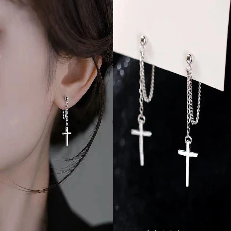 2 Pcs Punk Silver Color Cross Drop Earrings for Women Men Gothic Hip Hop Long Tassel Hanging Earring Jewelry Gift Bijoux