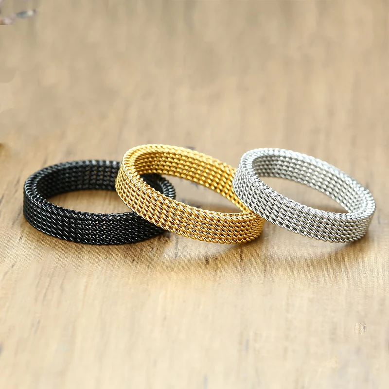 Fashion Unisex Elastic Mesh Stainless Steel Ring Circle Woven Mesh Vintage Women Men Wedding Rings Jewelry Friends Gift 2023