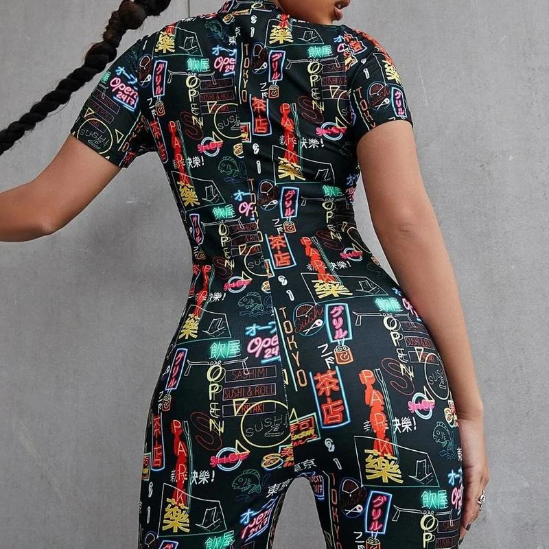 Women Rompers Elastic Fashion Letter Print Hight Cut Knee Length Bodycon Jumpsuit Sexy Night Club Party Playsuit Beach Bodysuits