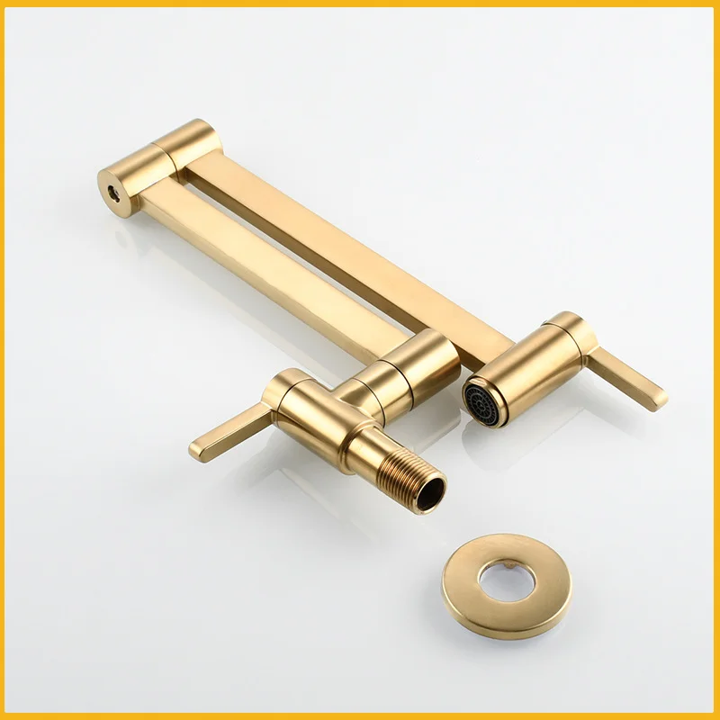 Stretchable Swing Arm Washing Wall-mounted Folding Kitchen Single Cold Water Faucet Double Rotating Adjustable Spout Brushedgold