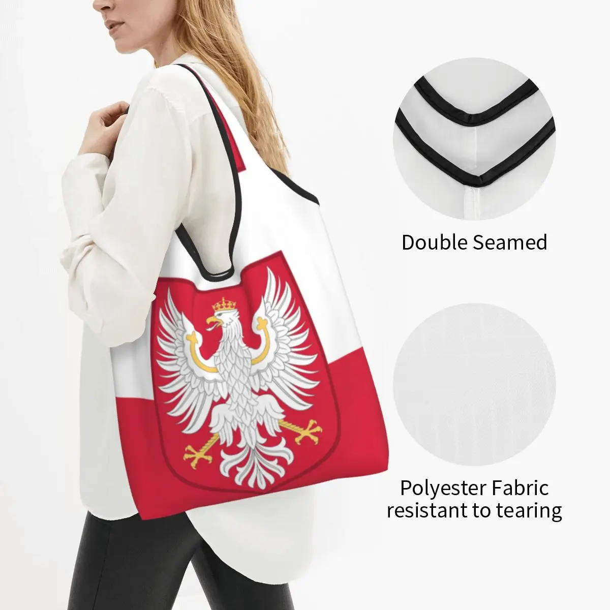 Custom Kingdom Of Poland Flag Shopping Bag Women Portable Large Capacity Grocery Tote Shopper Bags