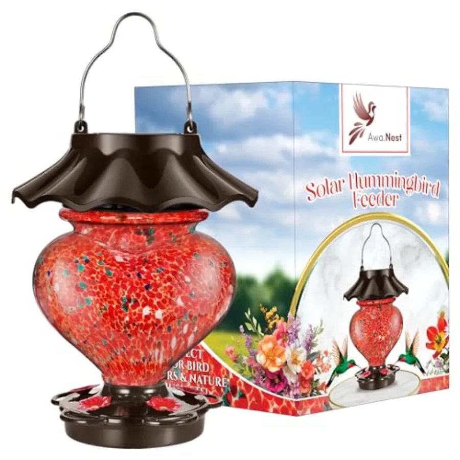 

Solar Hummingbird Feeder for Outdoors Hanging 33oz Heart-Shaped Hand-Blown Glass in Phoenix Red Leak-Proof and Rustproof LED Li
