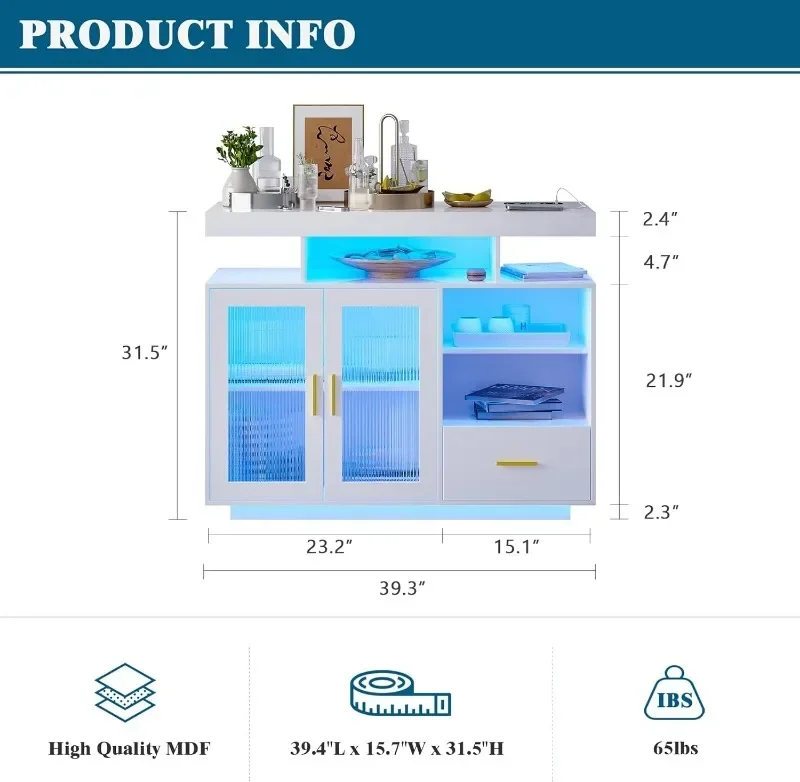 39.4" Modern LED Sideboard Buffet Cabinet with Wireless Charging Station, High Gloss Entrance Cabinet with Motion Sensor Light