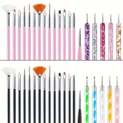 20Pcs Nail Art Brush Design Tip Painting Drawing Carving Dotting Pen FlatFan Liner Acrylic Gel UV Polish Manicure Tools