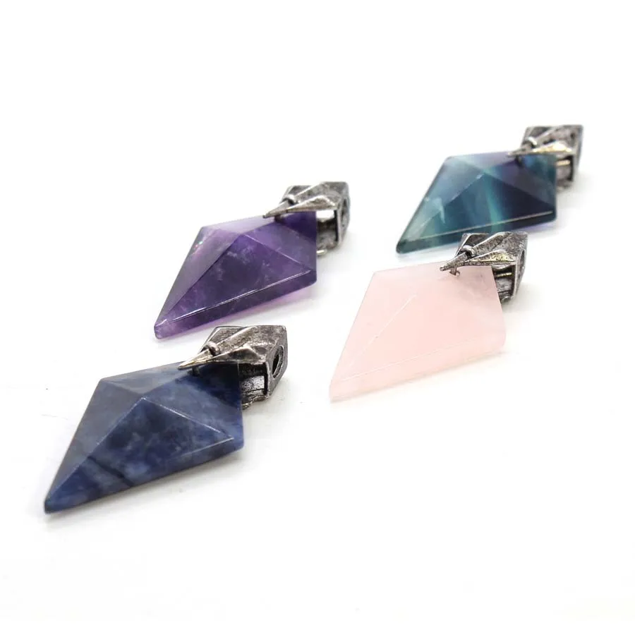 Crystal Trident Triangle Stone Pendants For Women Man Necklace DIY Natural Amethyst Fluorite Faceted Pendant Jewelry No Chain