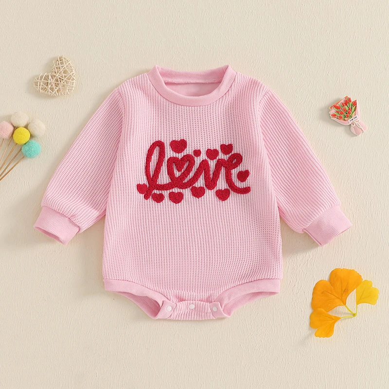 Baby Girl Sweaters Romper Letter Heart Embroidered Long Sleeve Round Neck Ribbed Valentine's Day Jumpsuits