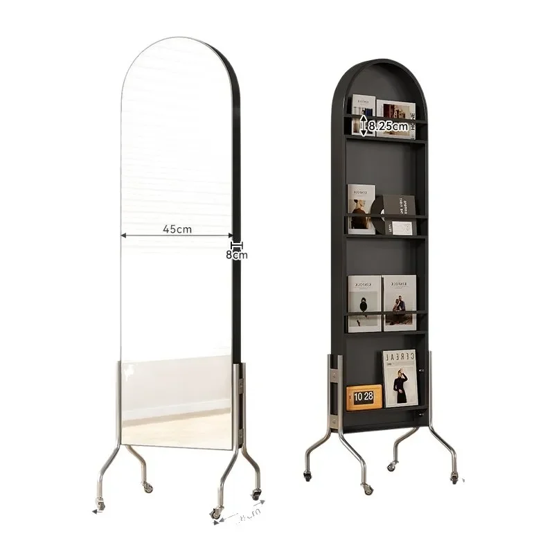 Rotating Full Length Mirror with Antique Magazine Rack Storage Movable Floor Standing HD Body Mirror for Home