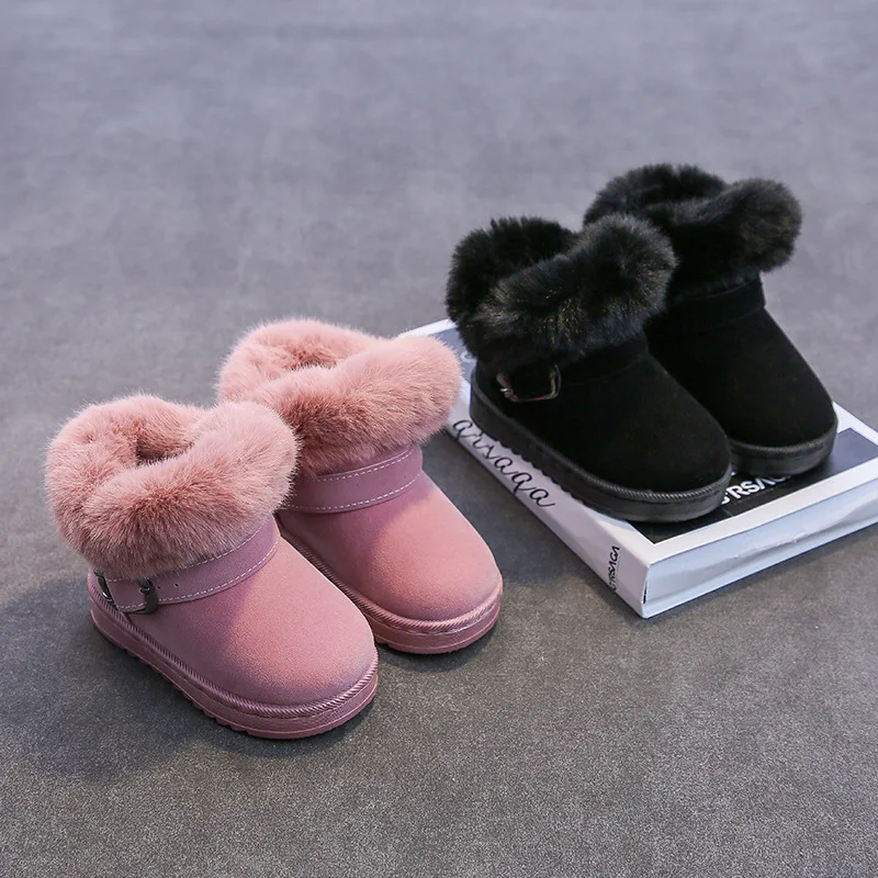 

Winter Children Solid Color Collar Leather Cotton Shoes Girls Waterproof Snow Boots Boys Warm Fur Fleece Short Cotton Boots Kids