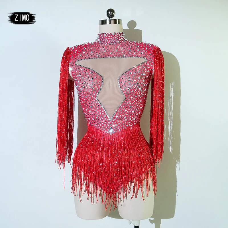 

Women Sparkly Rhinstones RED Tassel Bodysuit High Street Strech Transparent Performance Dance Costume Nightclub Celebrate Stage