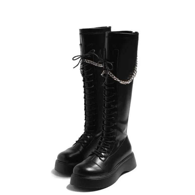 Spring and Autumn Women's Authentic Metal Buckle Belt High Riding Boots Winter Women's Plush Cross-lace Knee-length Botas