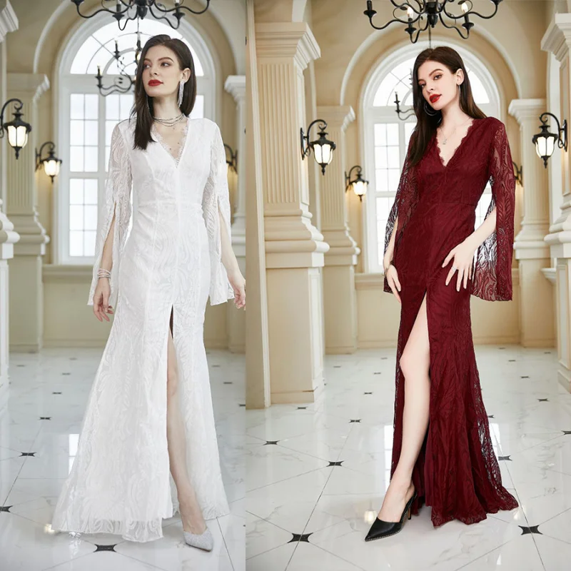 Women's New Lace Dress Wedding Bridesmaid Long SleeveVCollar Slim-Fit Sheath Wine Red Dress