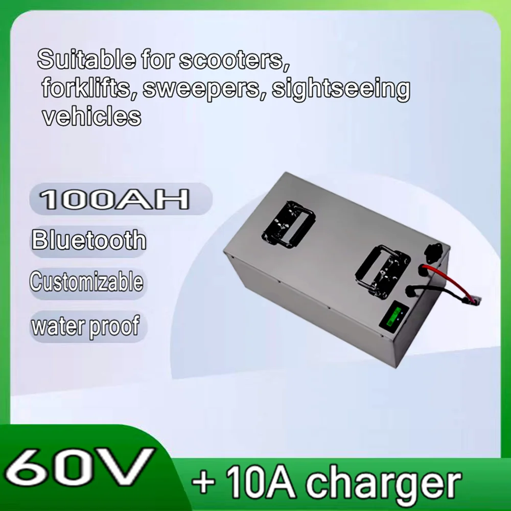 

Waterproof 60V 100Ah Li-ion battery with 6KW 10KW 15KW BMS for scooter Forklift sweeper Sightseeing car AGV. + 10A charger