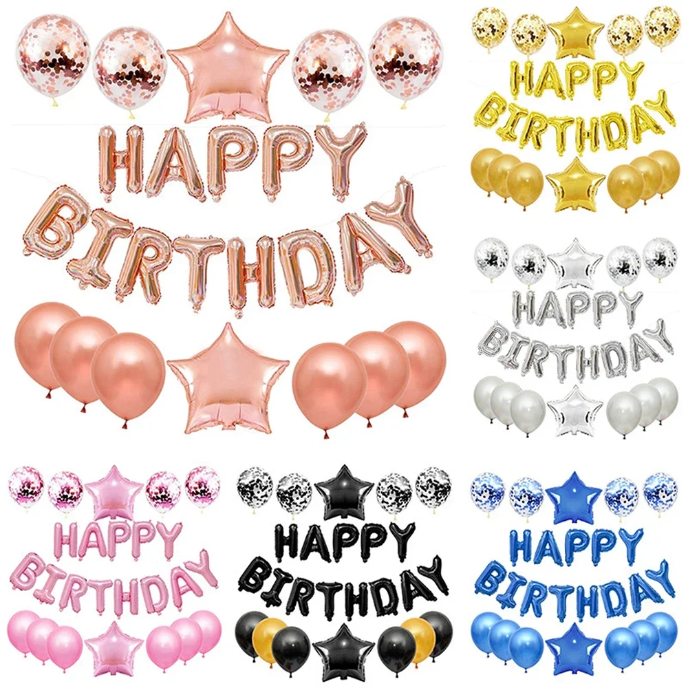 

25pcs Balloons Set with Happy Birthday Banner Silver Blue Black Rose Gold Party