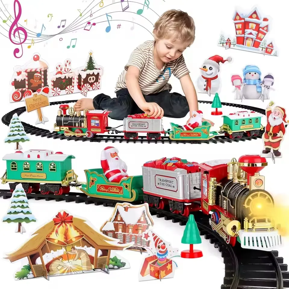 Tren de Navidad eléctrico, juguetes, decoración de árbol de Navidad, marco de vía de tren, coche ferroviario con sonido y luz, regalos de navidad
