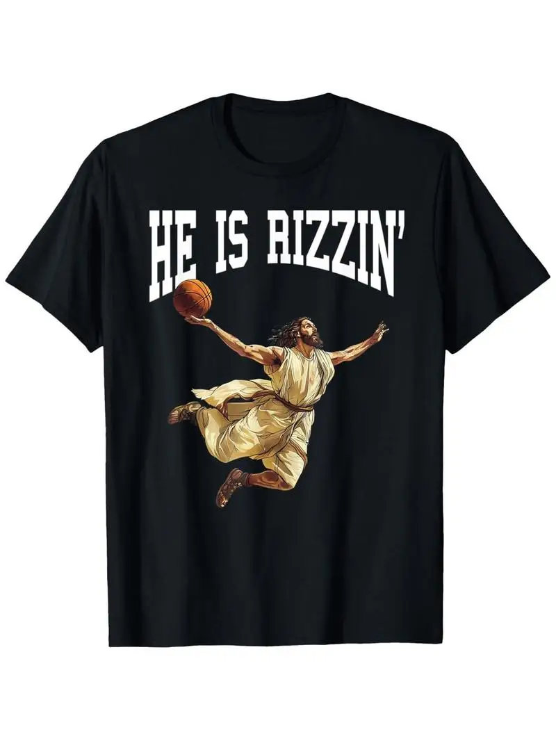 Men's Funny Jesus Christ He Is Rizzin' Graphic T-Shirt, 100% Oversized Relaxed Fit Christian Humor Tee, Jesus Dunking Design