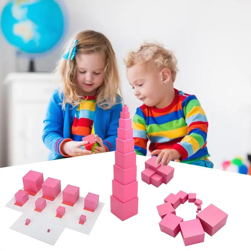 Pink Tower Wooden Pink Tower Stacking Blocks Stacking Tubes Montessori Sensory Attention Training Teaching Tool Intellectual