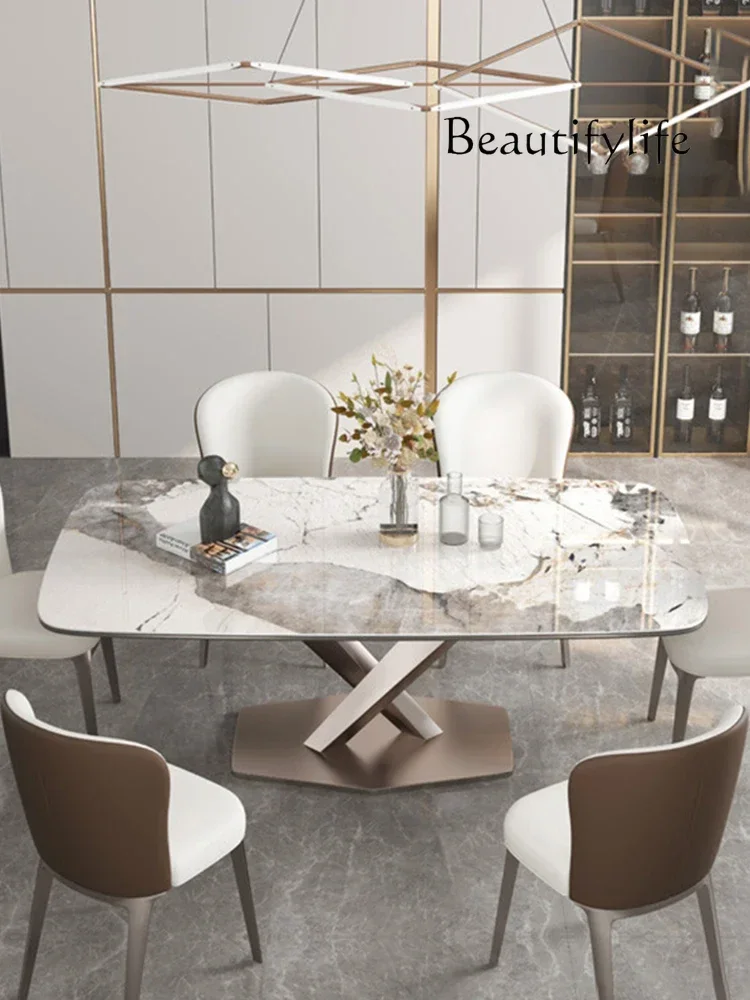 Light luxury bright rock slab dining table and chairs simple Italian household stainless steel high-end rectangular dining table