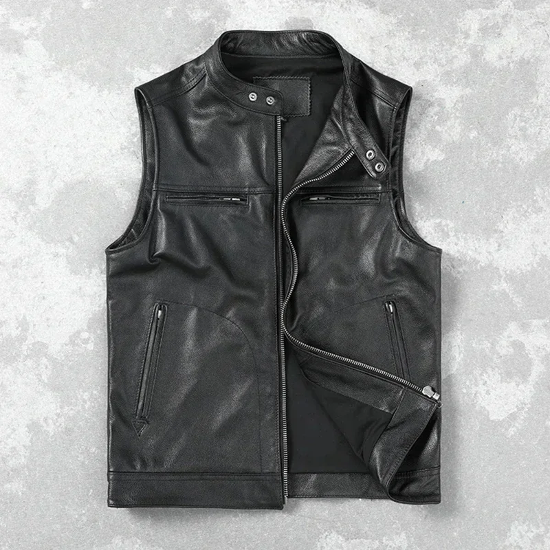 Black Genuine Cowhide Leather Vest Men Vests Slim Fit Veste Homme Motorcycle Biker Waistcoat Мотоцикл