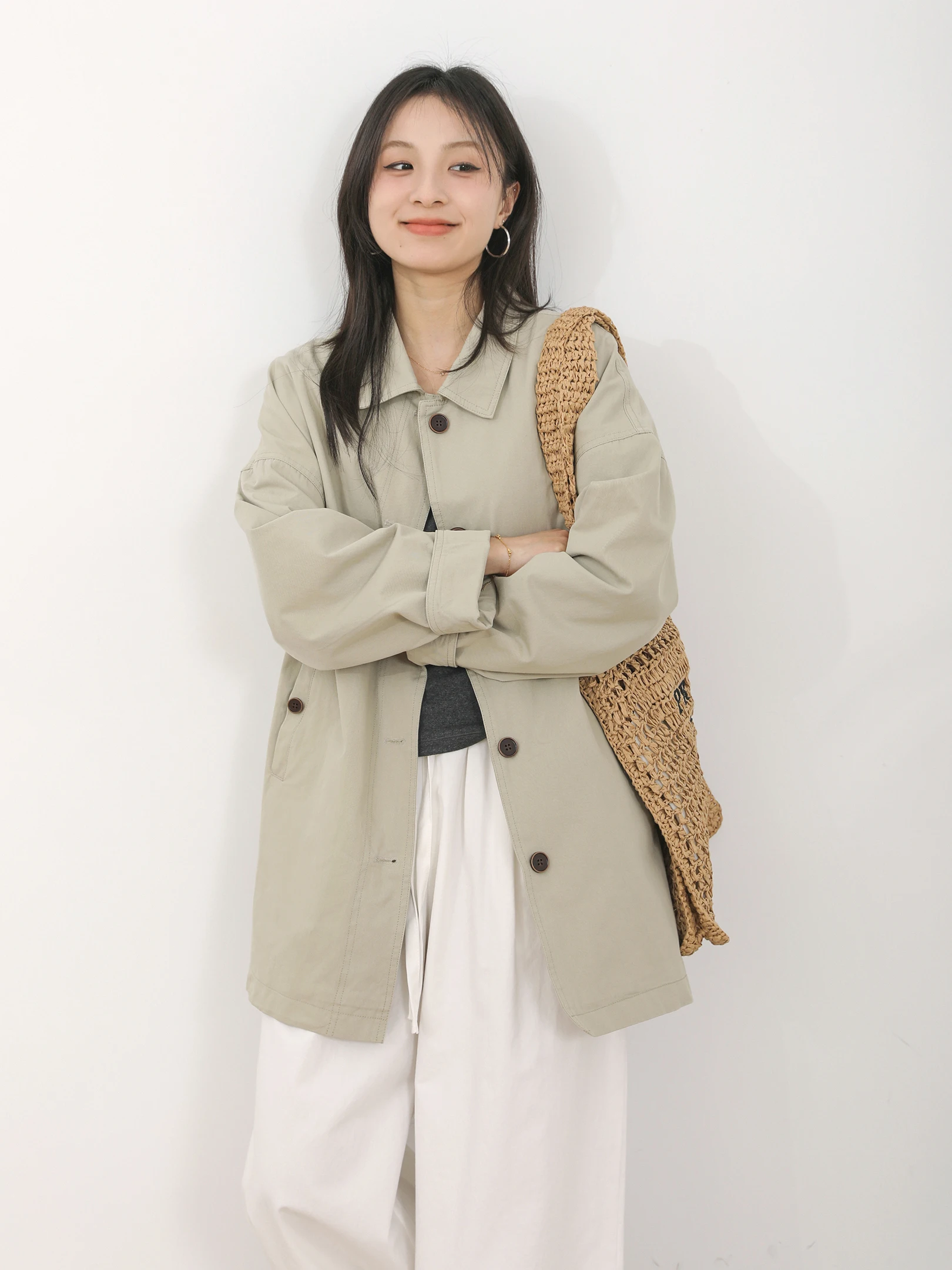 

Spring New Arrival Sanmu Social Casual Cotton Blend Coat Women's Longline Single Buttoned Windbreaker Fashionable Lapel Jacket
