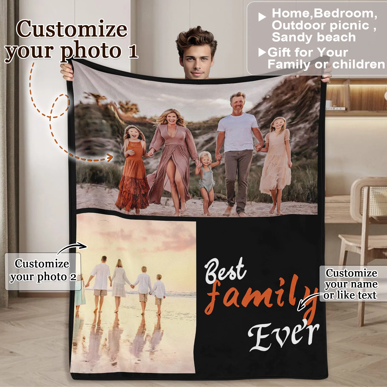 Gepersonaliseerde familiedeken Aangepaste fotodekens met dubbele afbeeldingtekst voor geliefde gezinsgebruik voor buitenpicknicks en zandstrand