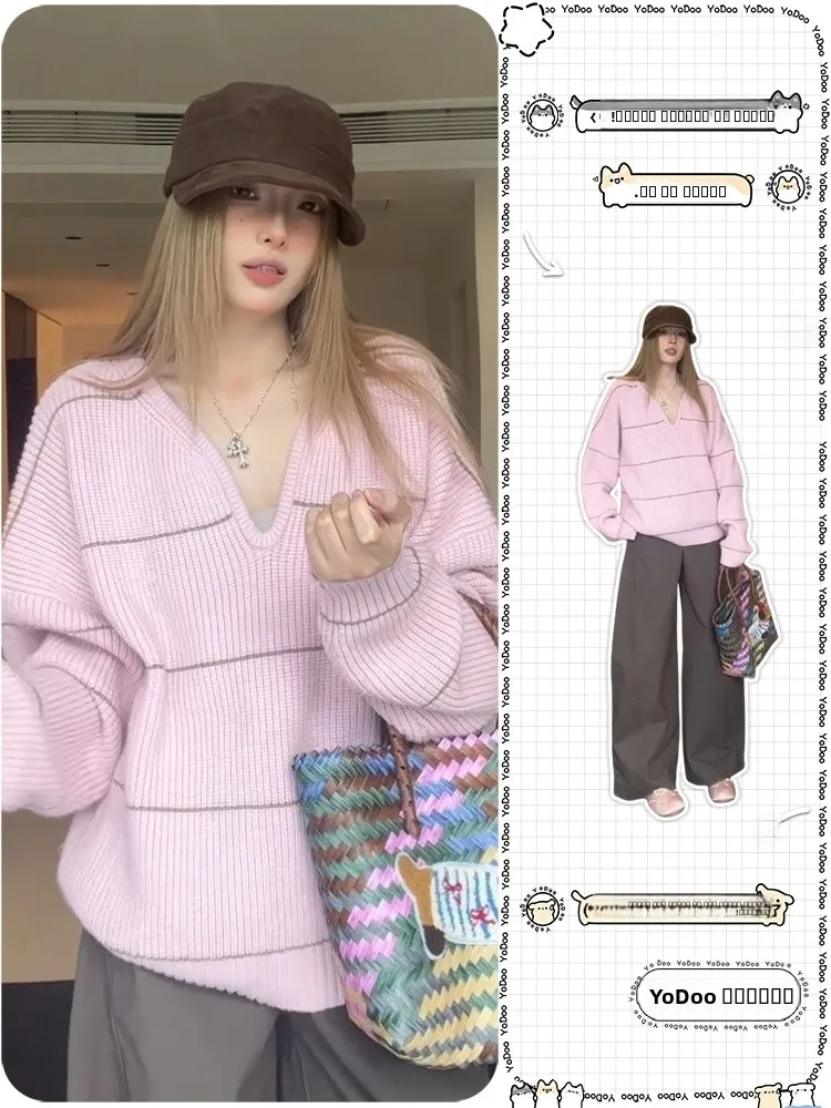 

Pink Striped V-Ne Long Sve Knitted Sweater Women's Loose Lazy Korean Sle Autumn Winter Simple Overhead Top