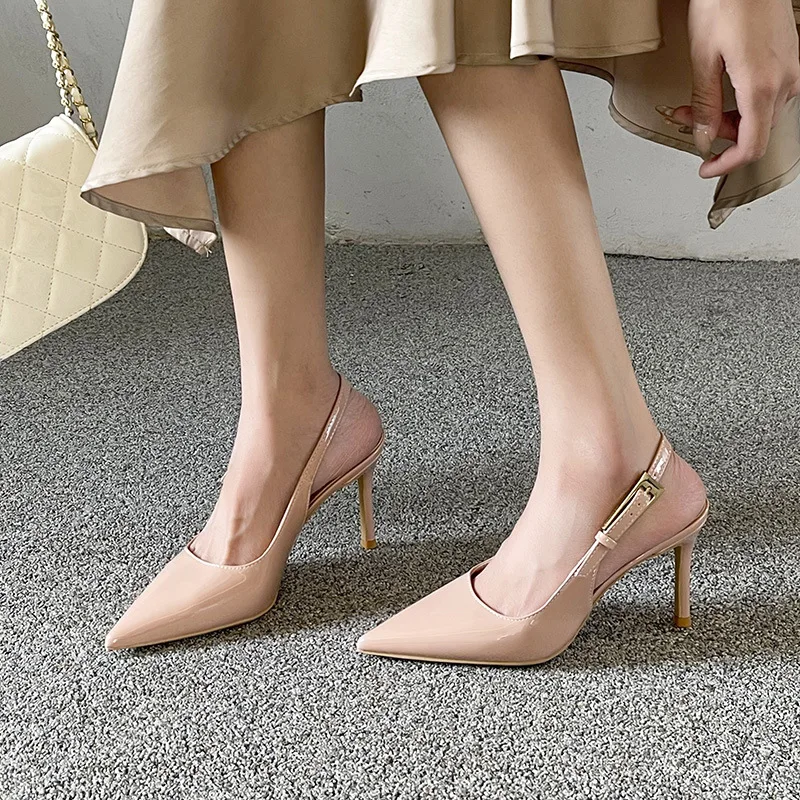 

Новые модные сандалии из лакированной кожи на высоком тонком каблуке с острым носком и неглубоким носком, пустые летние женские сандалии
