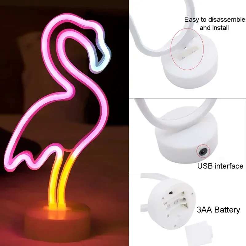 LED 네온 불빛 USB/배터리 전원 플라밍고 선인장 네온 사인 램프 코코넛 나무 파인애플 유니콘 램프 휴일 생일 장식