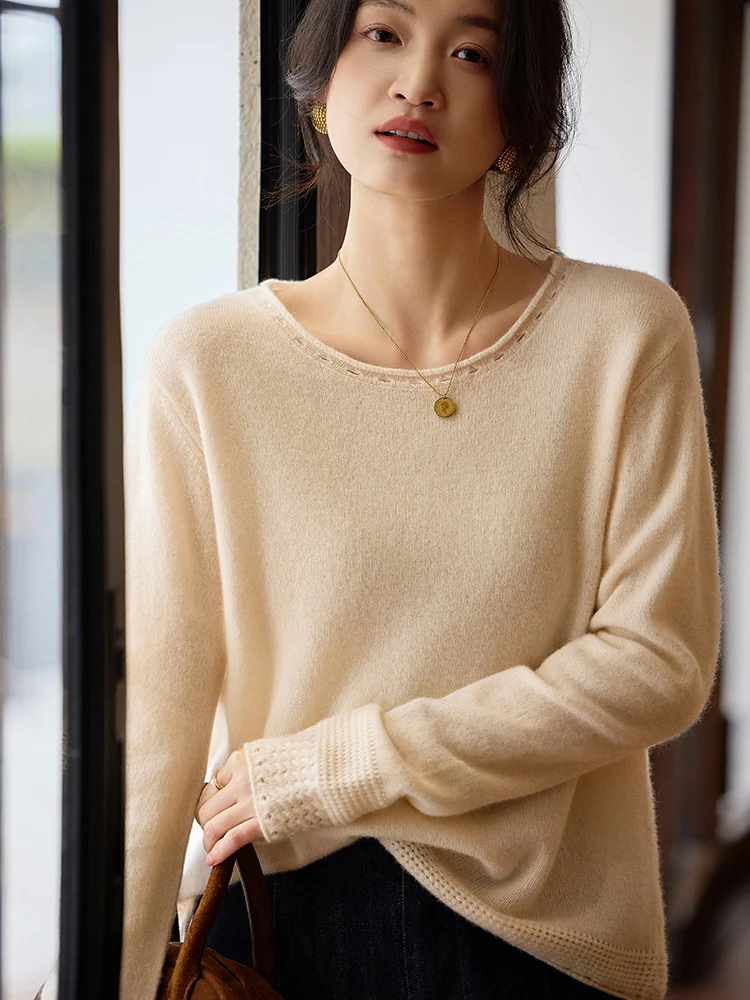 

2025 New 100Merino Wool Sweater O-Neck Long Sleeves Edge Curl Pullover Solid Color Knit Lady Clothes Fashion Casual Elegant Coat