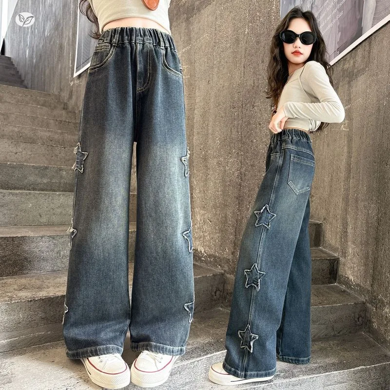 

Детские уличные джинсы высокой моды с вышивкой стразами и цветами для девочек, уличная одежда, джинсовые брюки с цветными кристаллами, детские брюки