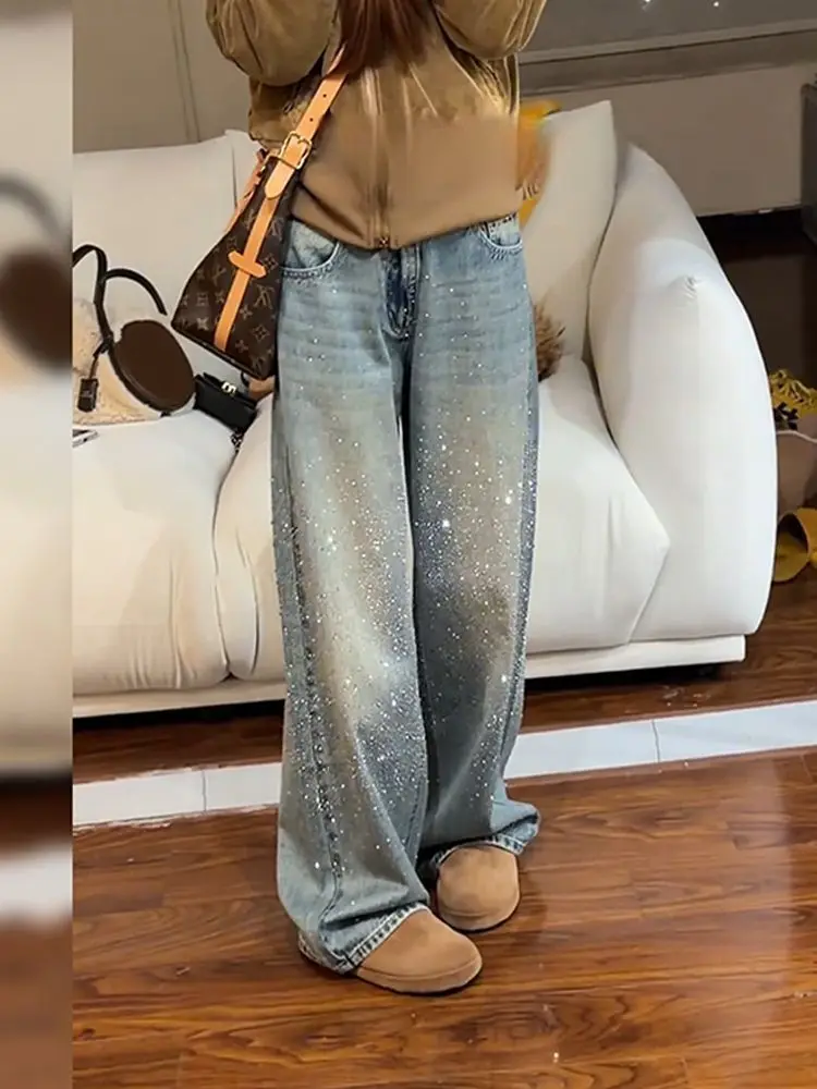 European-Style Rhinestone-Studded Shiny Straight-Leg Jeans for Women,  Spring New Fashion, High-End Craftsmanship Wide-Leg P