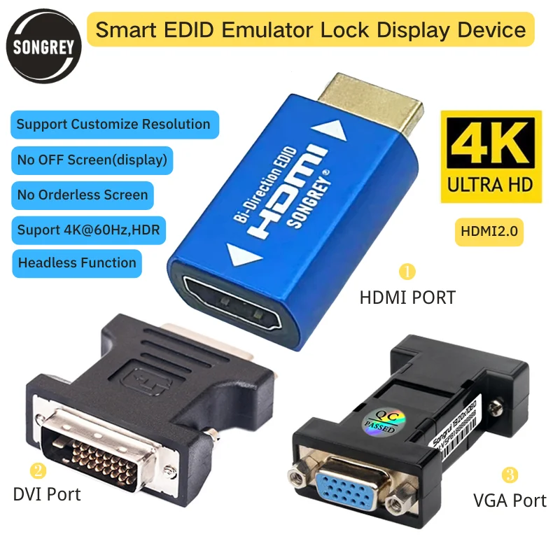 SONGREY HDMI EDID Emulator 1080P 4K PassThrough Adapter Dummy Plug for Extender/KVM Switch/AV Receiver/Video Splitters/ Xbox