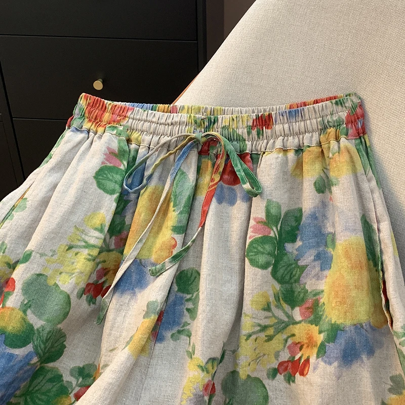 Pantaloni casual in lino di cotone da donna retrò Sle Pantaloni sottili ad arco con stampa a coltello a vita alta di nuovo modello per l'uso quotidiano