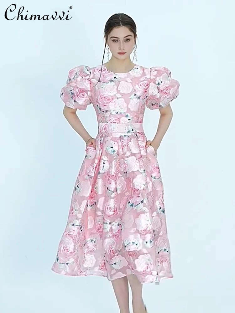 

French Elegant Retro Sweet Pink Floral Dress Round Neck Bubble Sleeves High Waist Belt Slim A-line Temperament Long Dress Women